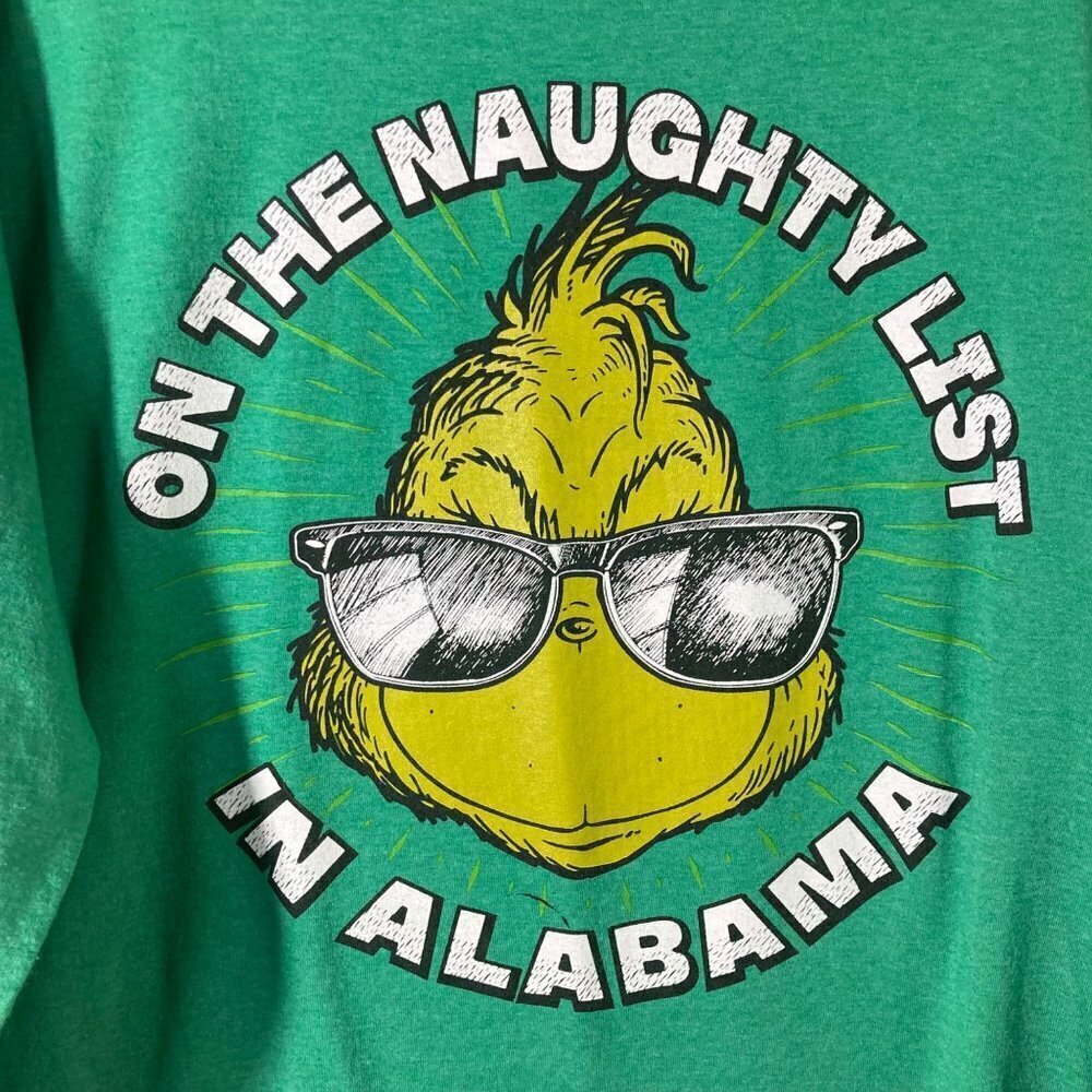 Womens The Grinch Dr Suess LS Tee Green M "On‎ the Naughty List in Alabama"